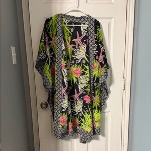 Ashley Stewart Black Swim Coverup with Neon Green and Pink Floral Print